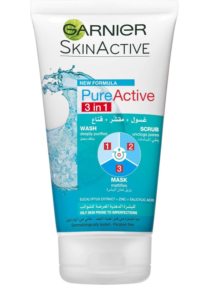 Garnier Skin Active Pure Active 3 in 1 Face Wash, Scrub and Mask 150ml